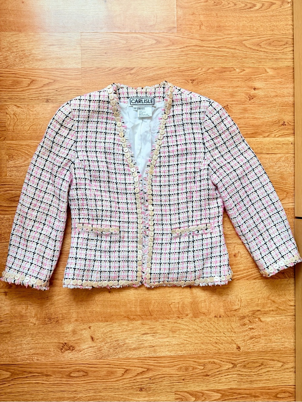 Carlisle Pink & White Bouclé Tweed Blazer with Black Accents Size 6